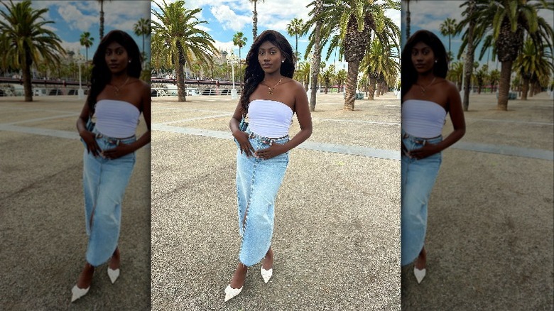 Woman in denim maxi skirt 