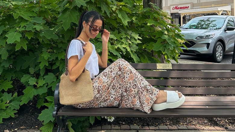 Woman wearing floral maxi skirt