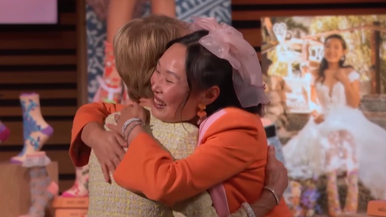 Mary Yashan Gui of Sock Candy and Barbara Corcoran hug after agreeing on a deal