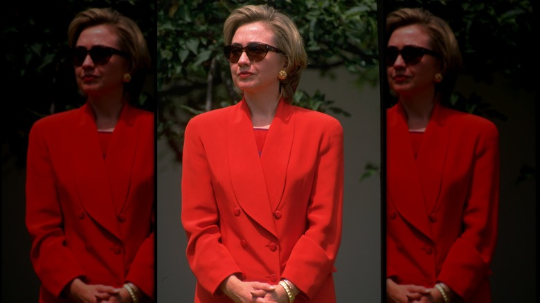 First Lady Hillary Rodham Clinton poised in WH Rose Garden during mtg. w. League of Women Voters