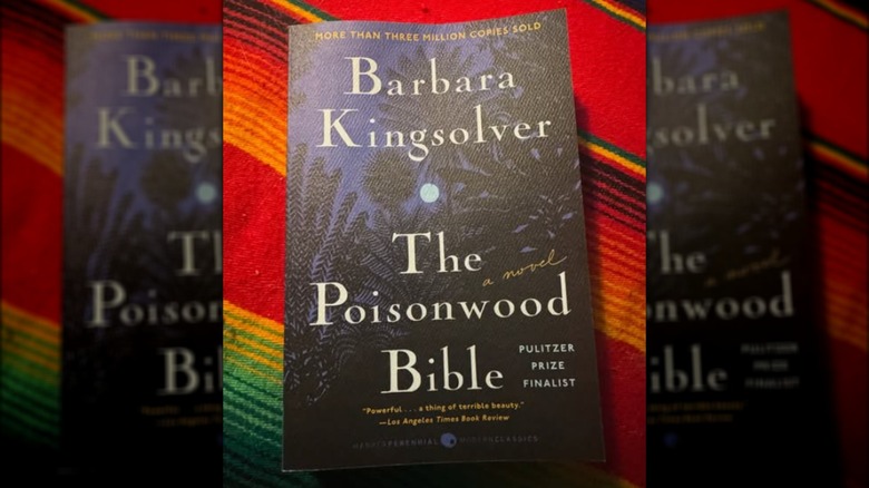 A copy of "The Poisonwood Bible" laying on a red and green blanket