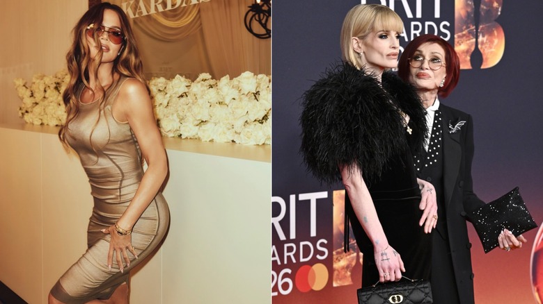 Khloe Kardashian posing in front of white roses on Instagram and Kelly and Sharon Osbourne at an event