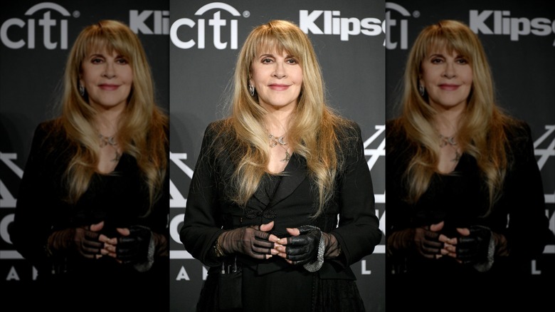 Stevie Nicks on the red carpet, wearing black and layered moon necklaces