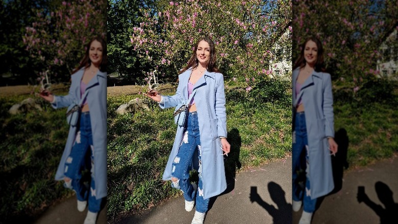 Woman in powder blue coat