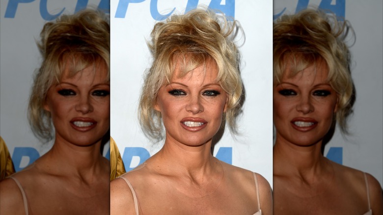 Pamela Anderson on the red carpet with a messy updo