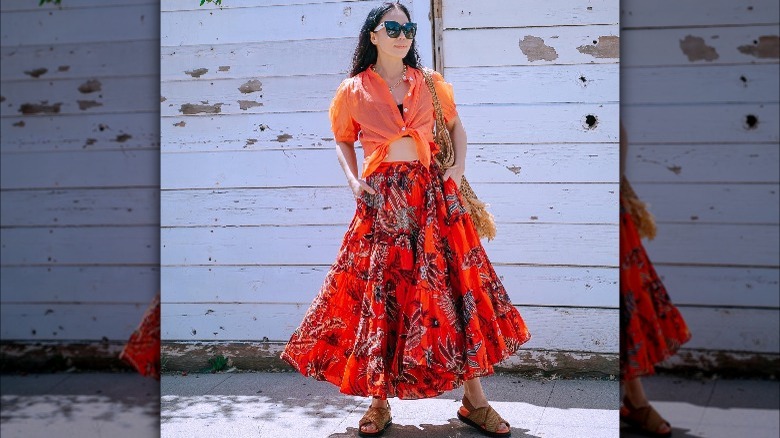 Woman in bold pattern full skirt