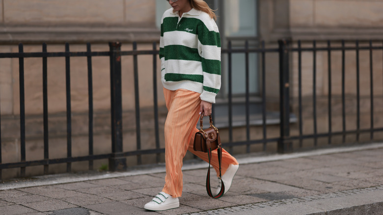 micropleat pants and striped sweater