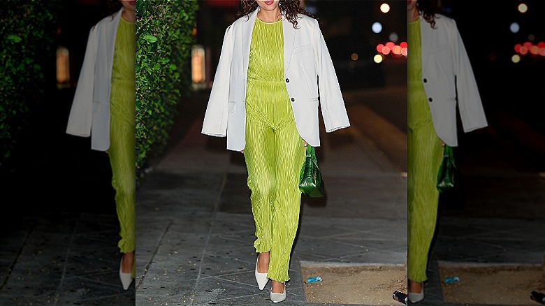 bright green jumper in micropleat with jacket