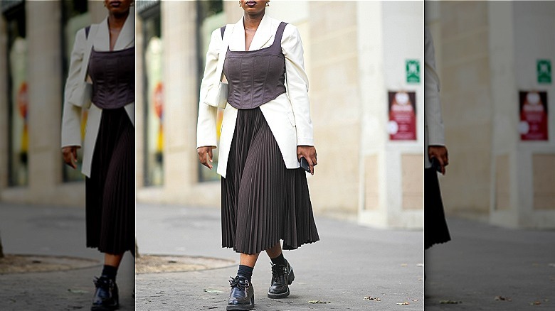 micropleat skirt and corset over buttondown