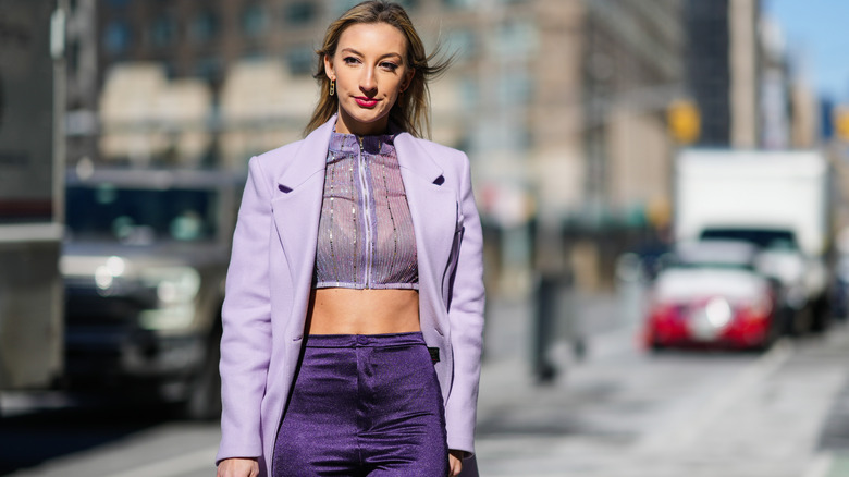 Woman wearing digital lavender outfit