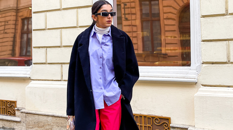 Woman in digital lavender button-down