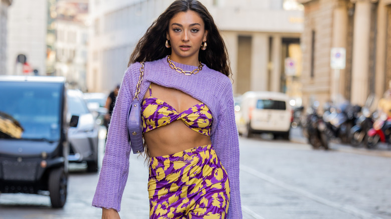 Woman in digital lavender sweater