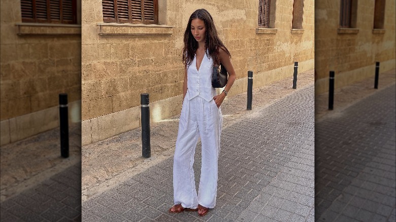 White linen vest suit summer outfit