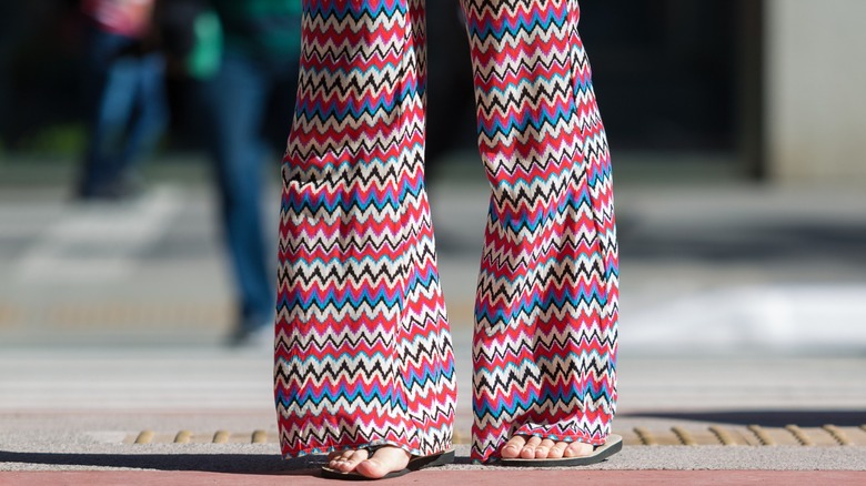 Close up of printed flared pants