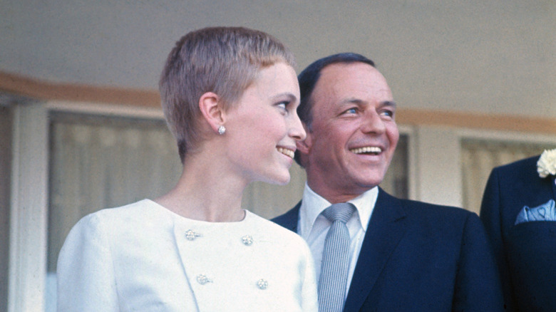 Close-ups of Mia Farrow and Frank Sinatra on their wedding day