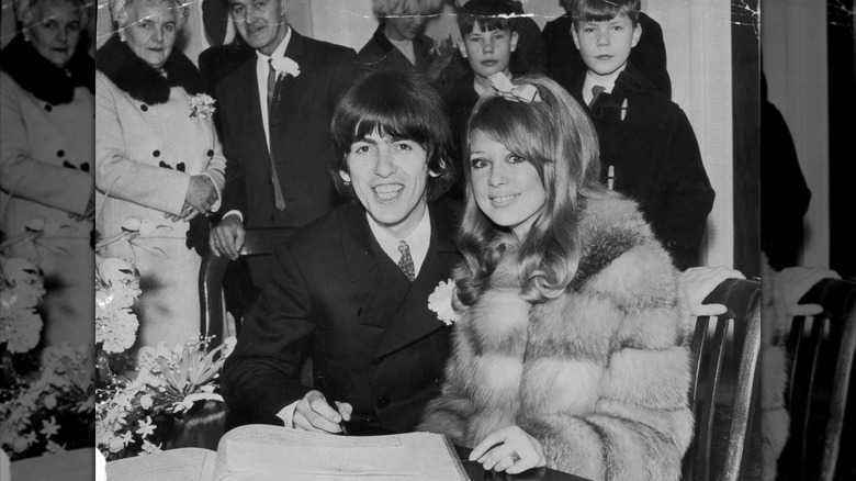 Black-and-white photo of George Harrison and Pattie Boyd on their wedding day