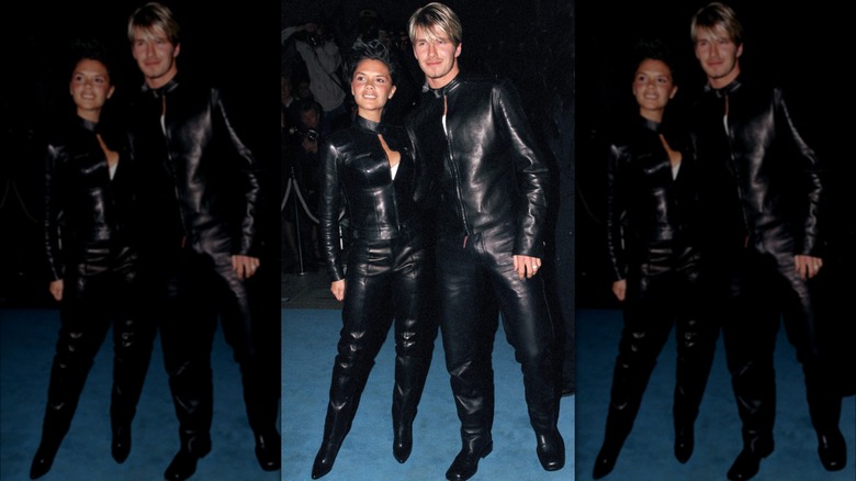 David and Victoria Beckham in leather outfits