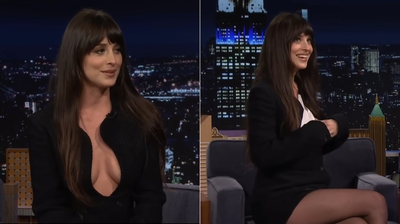 Split image of Dakota Johnson wearing a little black dress with a plunging neckline on "The Tonight Show"