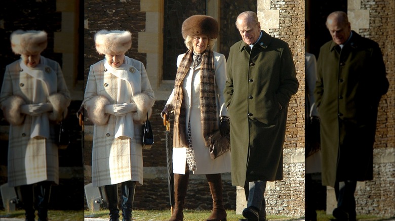 The late Queen Elizabeth, Camilla Duchess of Cornwall, and the late King Phillip walking out of Sardingham Church