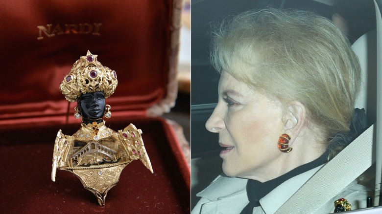 Left: A close-up of the controversial Mooretto brooch; Right: Right: Princess Michael of Kent in the car headed to Buckingham Palace for Christmas dinner for extended family