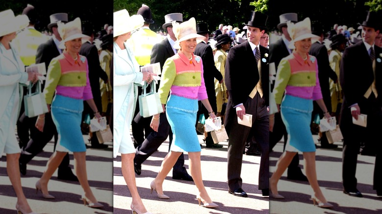 Sophie, Duchess of Edinburgh, walking in a crowd while wearing a multi-colored skirt suit