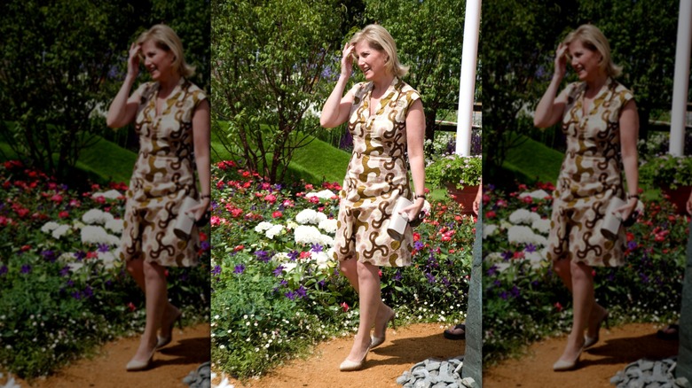 Sophie, Duchess of Edinburgh, walking outside in a casual patterned dress