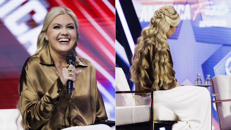 Two photos of Erika Kirk on stage in a satin brown shirt with long blonde hair