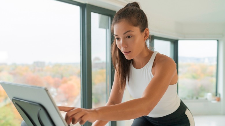 Woman on exercise bike