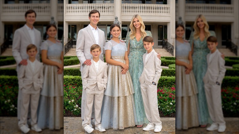 Ivanka Trump and Jared Kushner posing with their children, including Arabella wearing a silver and gold dress