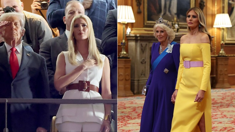 Ivanka and Donald Trump standing at the Super Bowl, and Melania Trump with Queen Camilla