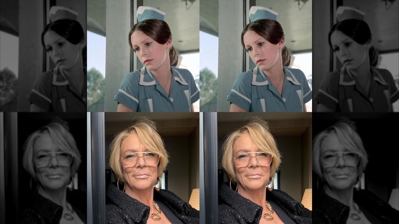 Jamie Lee Curtis as a waitress in Columbo in 1977 (above) and more recently (below)