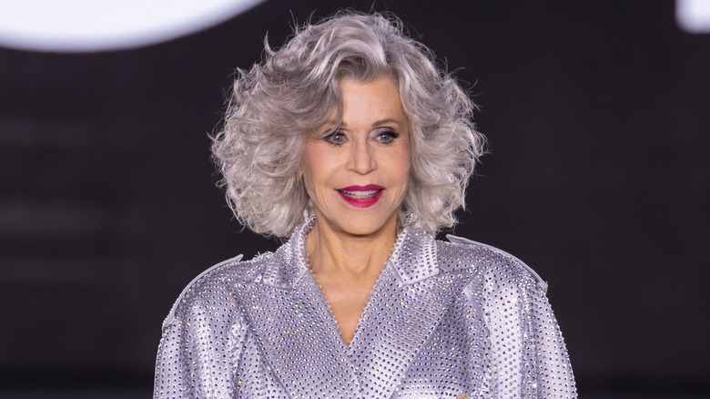 Jane Fonda in a silver coat in Paris in 2024