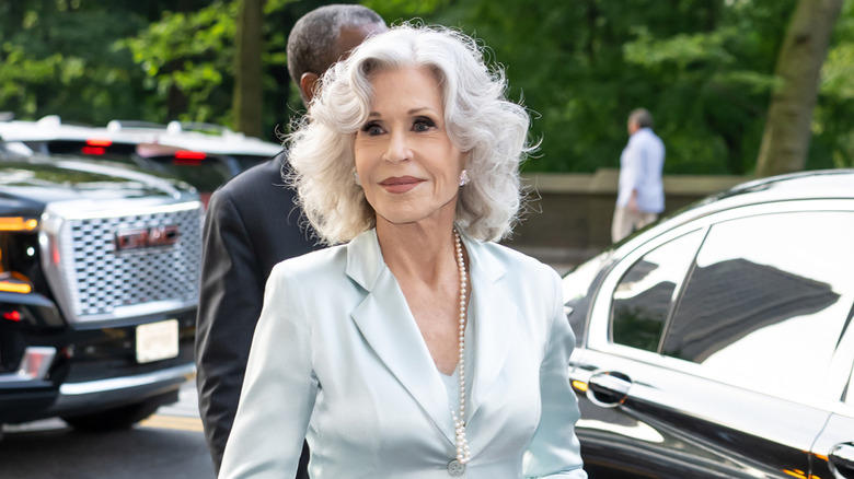 Jane Fonda in light blue with light gray hair in New York in 2025
