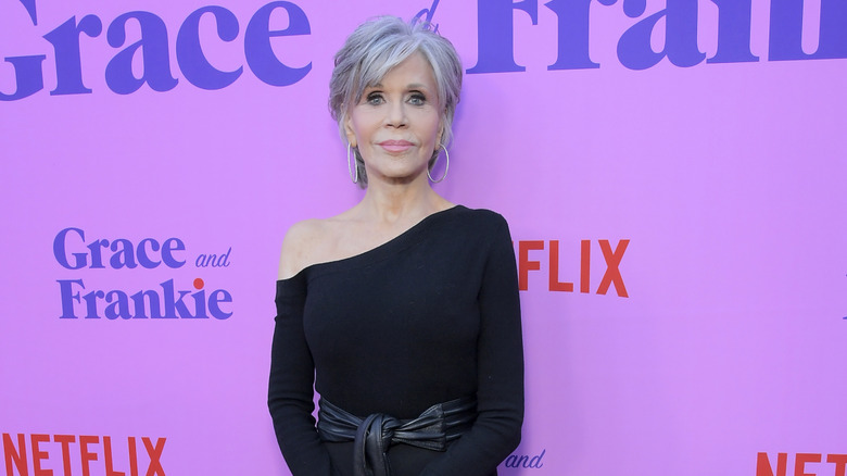 Jane Fonda in an off-the-shoulder black top at an event