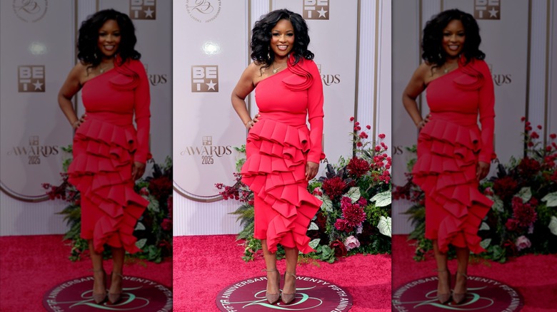 Jasmine Crockett in a red ruffled dress