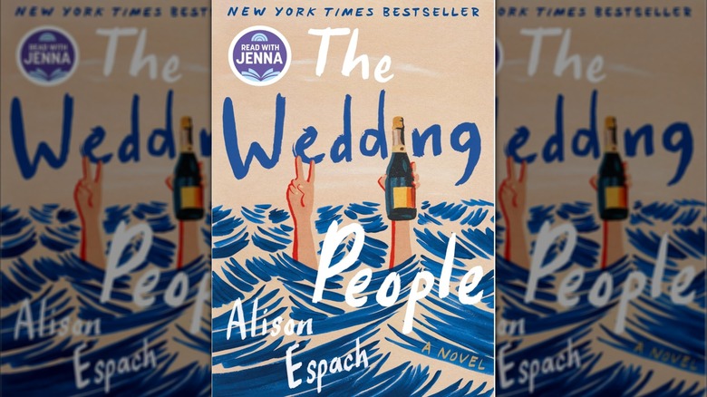 The cover of The Wedding People with arms holding champagne in waves