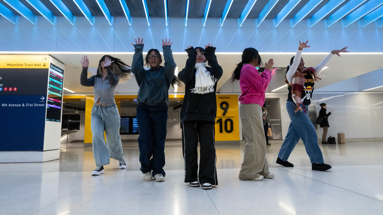 Members of Eternal Dance Crew practice and record dances for social media, including TikTok, inside Moynihan Train Hall on January 14, 2025 in New York City.