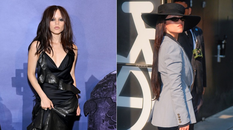 Split image of Jenna Ortega doing press for Season 2 of "Wednesday," without and with extensions