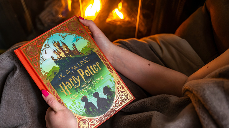 Hands holding a copy of "Harry Potter and the Sorcerer's Stone" on a person's lap with a fire in the background