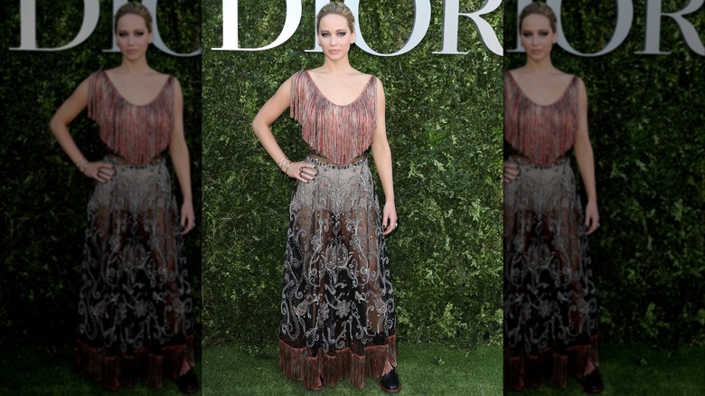 Jennifer Lawrence wearing a fringed dress