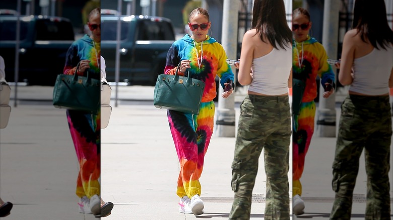 Jennifer Lopez wearing tie-dye sweats in New York in 2020