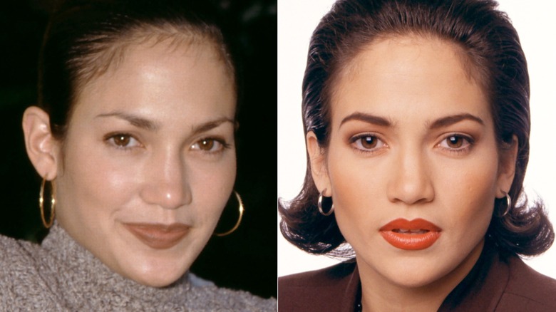 Jennifer Lopez wearing brown and red lipstick during photoshoots in 1992, side by side photos