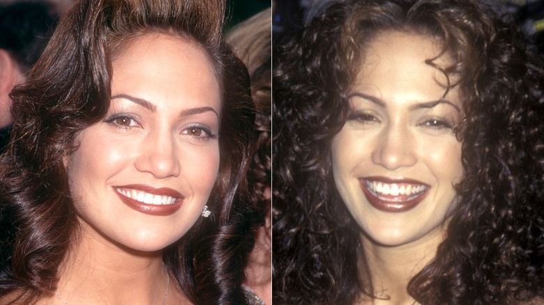 Jennifer Lopez wearing dark lipstick and with thin brows at two events in 1997, side by side photos