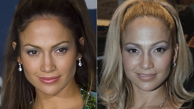 Jennifer Lopez at the 2000 Grammys and at a fashion show that year with blond hair, side by side photos