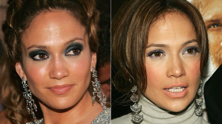 Jennifer Lopez with dramatic eye makeup at two events in 2005, side by side photos