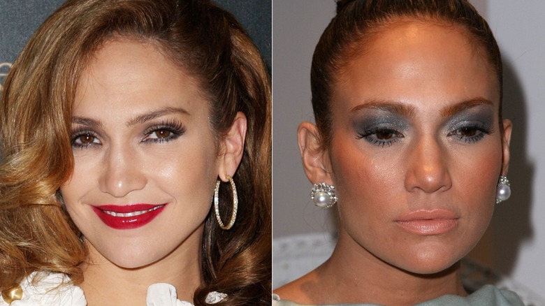 Jennifer Lopez wearing glossy red lips in 2008, and with sparkly blue eyeshadow at another event, side by side photos