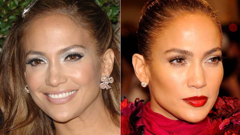 Jennifer Lopez with cool, light-toned makeup and with a red lip in 2011, side by side photos