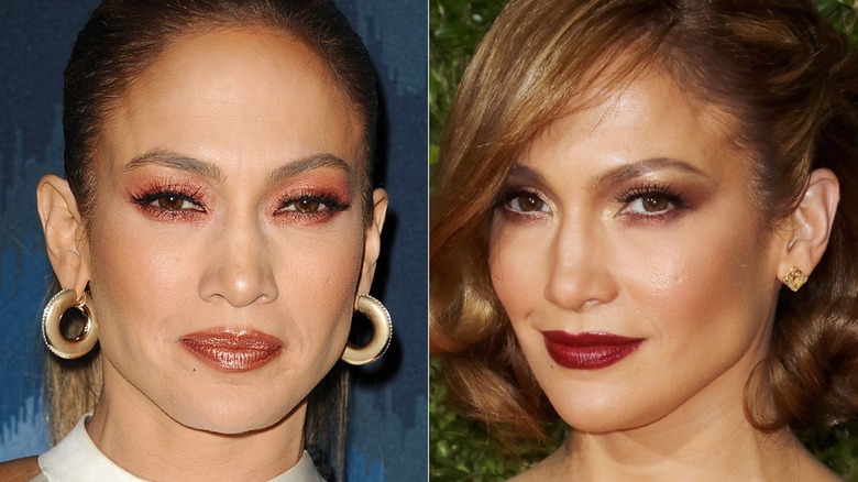 Jennifer Lopez with darker makeup at two events in 2015, side by side photos