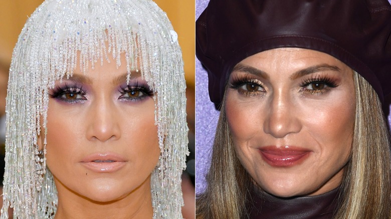 Jennifer Lopez at the 2019 Met Gala and a 2019 event for Hustlers, side by side photos