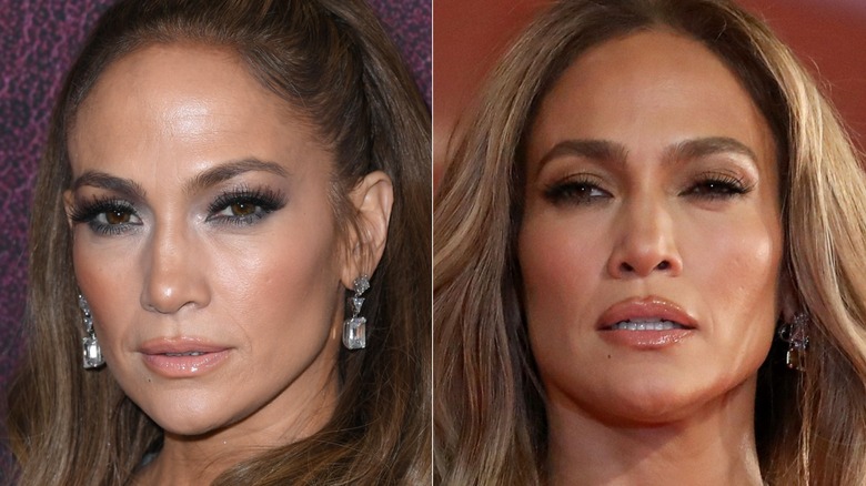 Jennifer Lopez wearing long faux eyelashes and glowy skin at two events in 2021, side by side photos